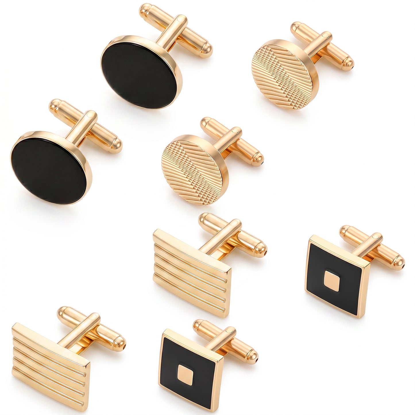 Shimmeroo 4 Pairs Gold Cufflinks for Men Black & Gold Cuff Links Personalized Men Cufflinks Striped Disc Square Rectangle Cuff Links for Formal Wedding Business Meeting Daily Wear