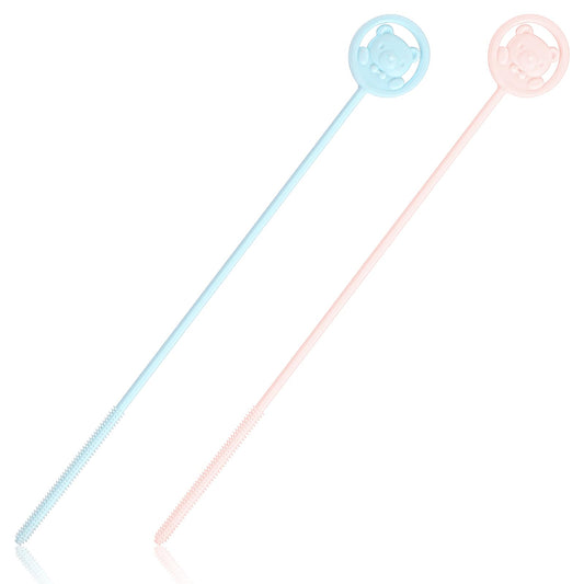Tyqour 2pcs Reusable Silicone Straw Cleaner, Long Straw Cleaning Brush with Hanging Ring, Small Bottle Brush, Straw Cleaner Brush, Soft Bendable Crevice Brush for Glass Metal Straw(Blue,Pink)