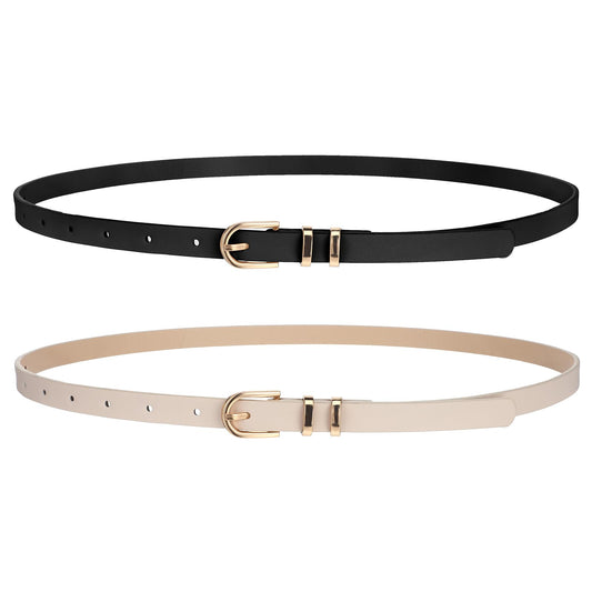 2 Pack Thin Belt Women Faux Leather Waist Belts for Jeans Dress Fashion Adjustable Skinny Belt for Ladies with Gold Buckle 0.55" Width(Black, Beige)