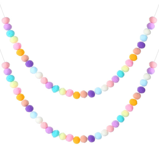 2 PCS 200cm Pom Pom Garland 24 Colorful Wool Furry Ball Handmade Cute Balls String Paper Pom Poms Hanging Decorations for Wall Mardi Gras Easter Halloween Thanksgiving Christmas Tree (Rainbow)