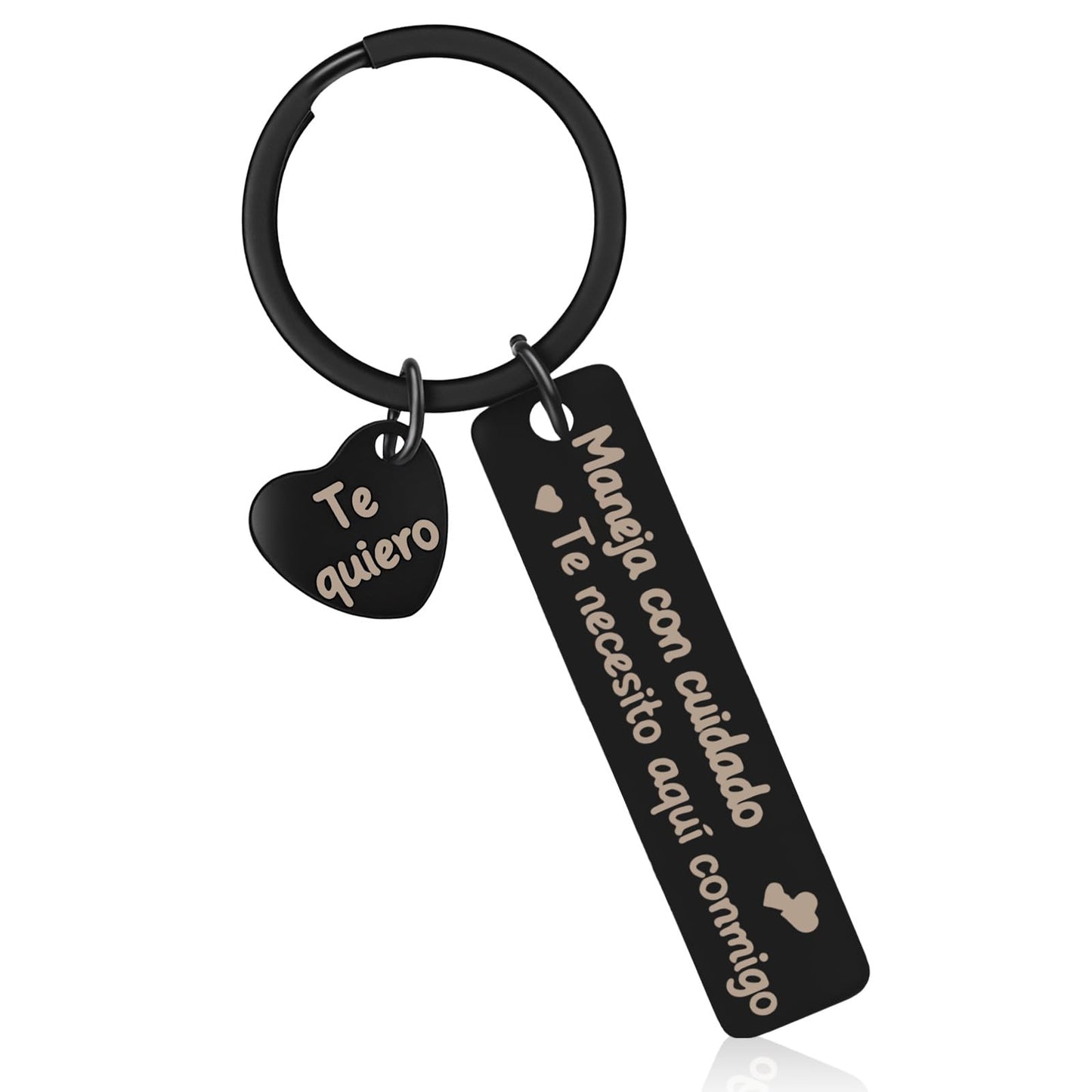 Nogeqi Drive Safe Keychain for Him, “Te Necesito Aqui Conmigo” Spanish Keychain for Men Boyfriend Husband, Black, 1.97 x 0.47 inch