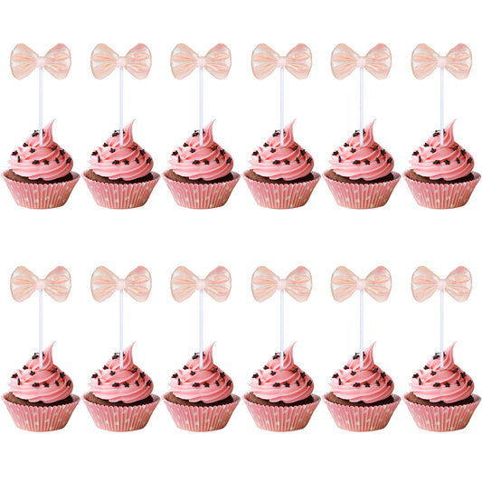 Tyqour 20PCS Pink Bow Cupcake Toppers Birthday Decorations, Bow Cake Topper Decorations for Baby Shower, Bridal Shower, Wedding, and Girl's Birthday Party Supplies(Light pink)