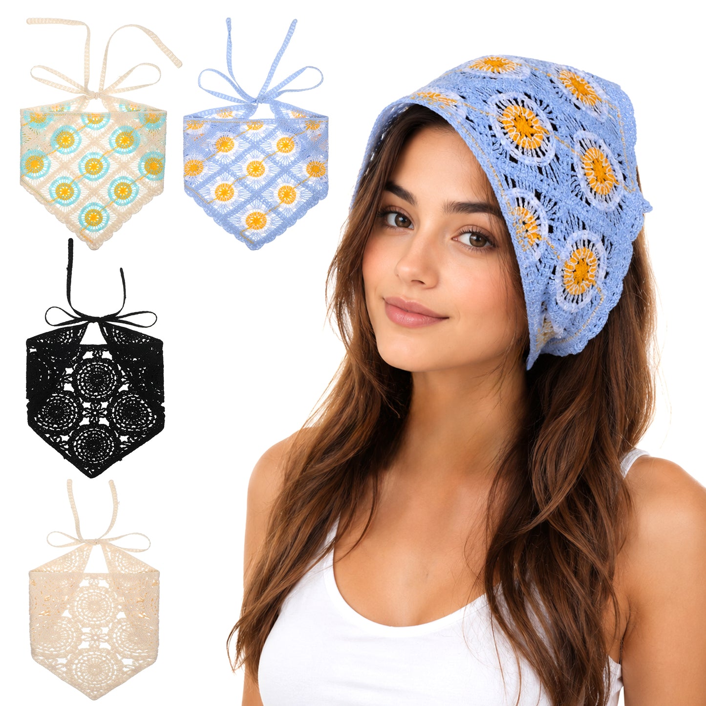 Sorcristy Hair Bandanas Crochet, 4PCS Hollow Knitted Head Scarf Tie-Back