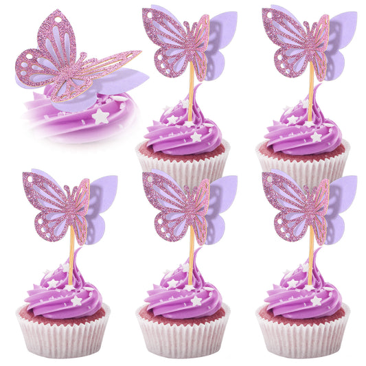 Tyqour 48Pcs Purple Butterfly Cupcake Toppers Assembled Double Layer Butterfly Cake Toppers 3d Glitter Butterflies For Cake Cocktail Pick For Purple Butterfly Cake Decorations
