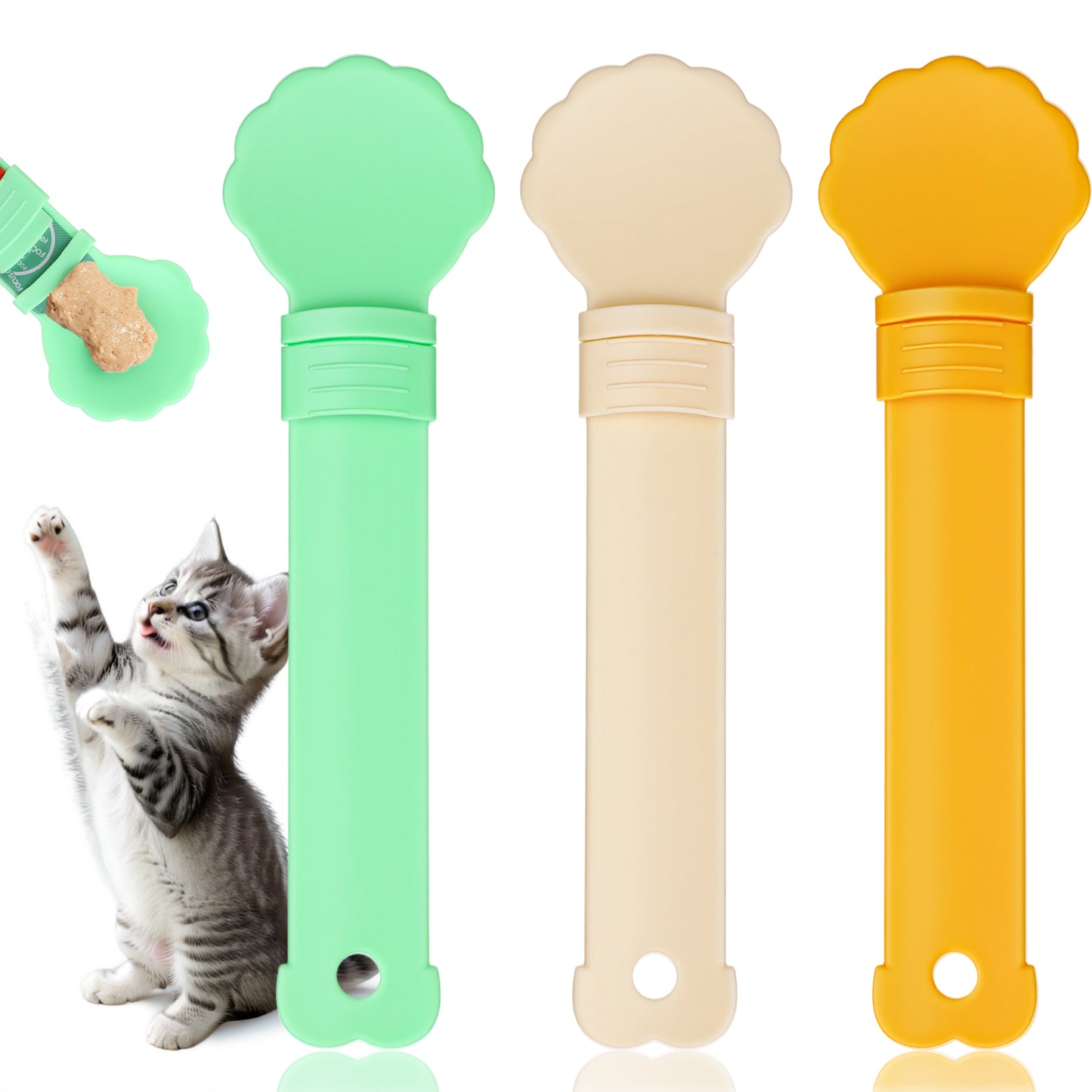 3 PCS Cat Treat Spoon, Multifunctional Lickable Cat Treat Spoon Squeeze for Easy Feeding, No Mess Cats Treats Feeder for Licky Treats & Wet Food, Anti-Bite, Prevents Waste (Orange, Green, Beige)