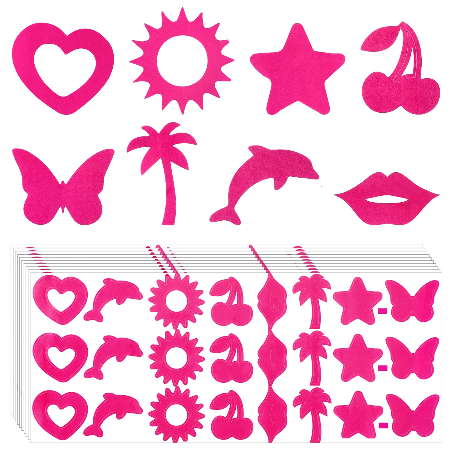 Sorcristy Tanning Stickers for Body, 240Pcs Pink Tanning Sunbathing Stickers Self Adhesive Heart Dolphin Sun Lip Tree Star Cherry Butterfly Decals for Summer Beach Outdoor Indoor Party Supplies Salon