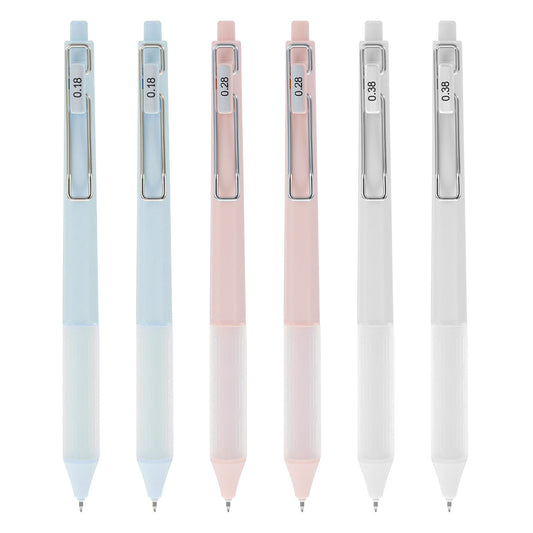 Ymapinc 6pcs Fine Tip Gel Pens Extra Fine Point Pens 0.18mm /0.28mm / 0.38mm Spring Pens with Silicone Grip Two Blue, Pink and White Pieces Each for Notetaking Journaling Homework