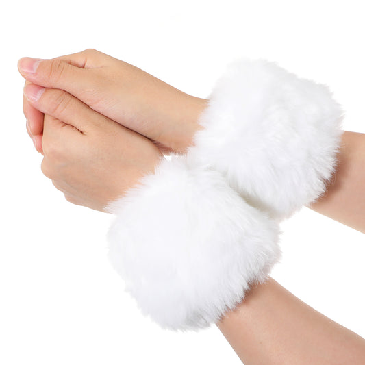 Teaaha Faux Fur Cuffs White Short Furry Arm Warmers, Winter Fuzzy Hand Bracelet Wrist Cuff Warmer Costume Accessory for Women Girls Favors