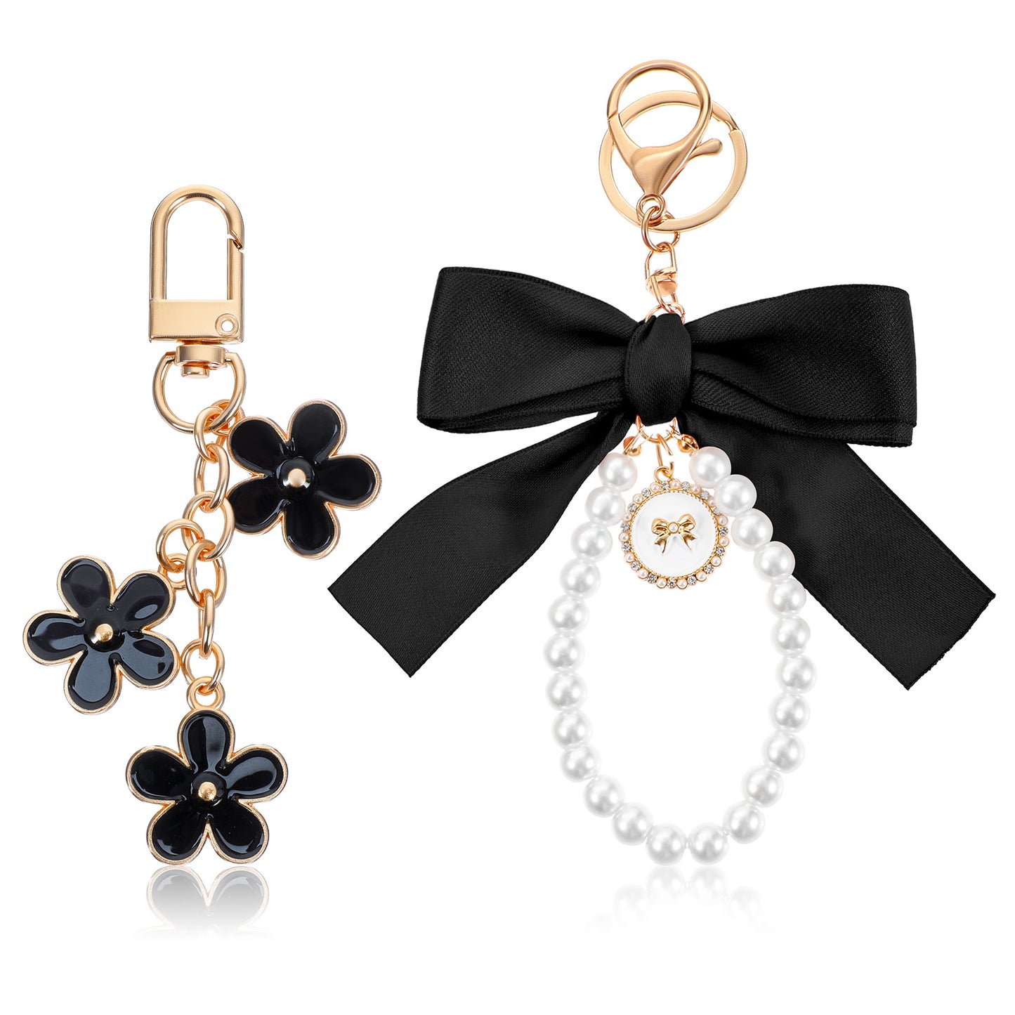 Sorcristy 2 Pack Pearl Keychain Set Black Wristlet Bow Keychain Cute Purse Charms Bowknot & Pearl Keyring Charms Elegant Accessories for Handbags Backpacks Keys