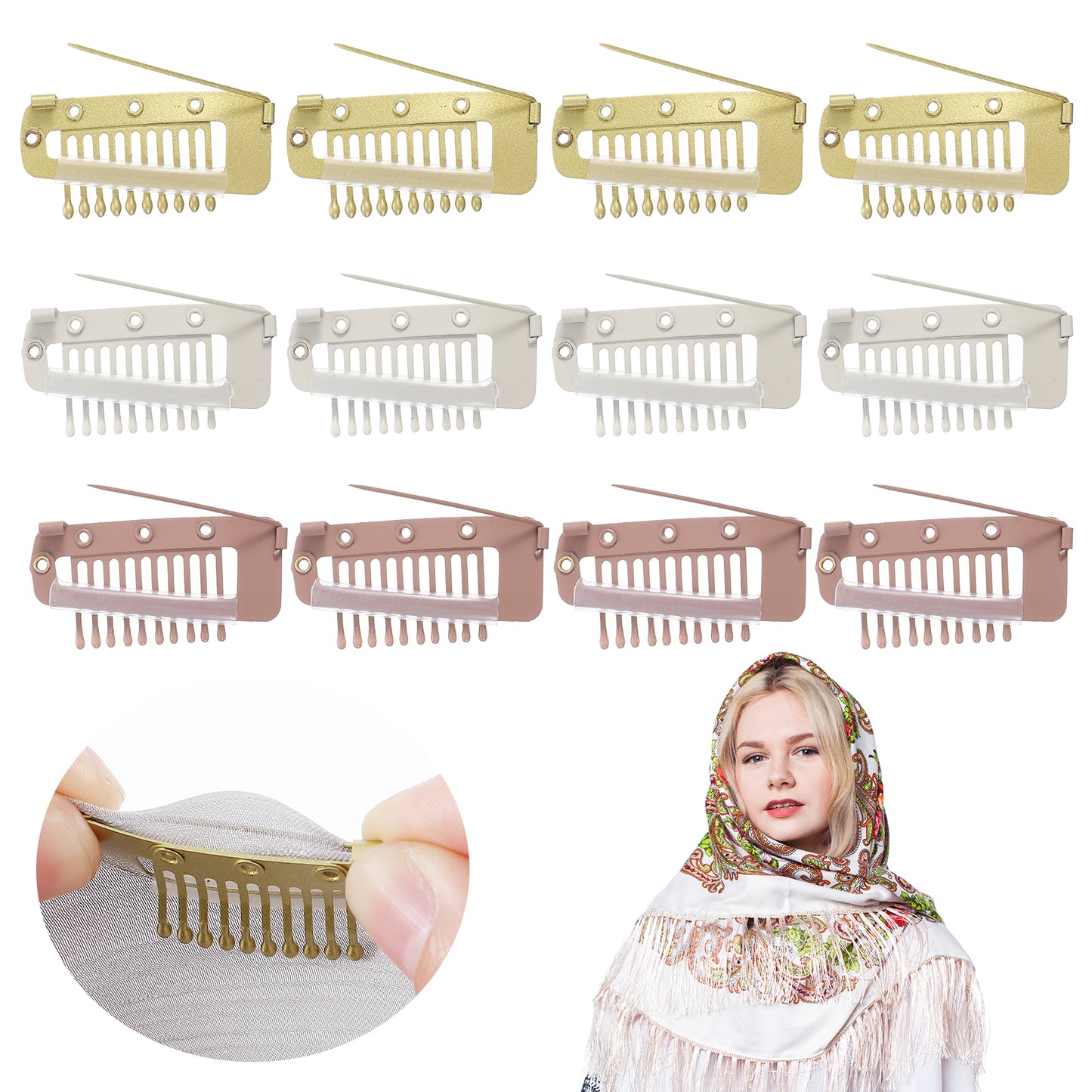 RAHHLIZS12PCS Chunni Clips with Safety Pins, 3 Colors Strong Wig Clips to Secure Wig, Veil & Headscarf Clips for Dupatta, Turban, Scarf, Wedding Veil and Wig(Brown, Beige, Gold)