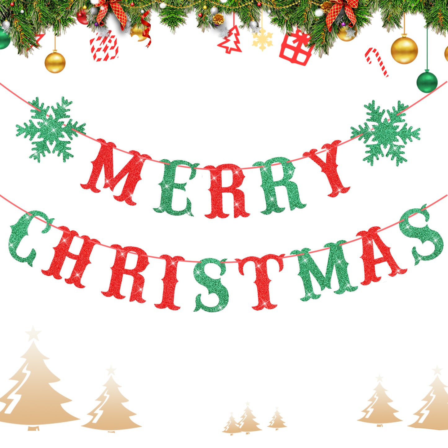 Ouligay Glittery Red and Green Christmas Banner, Xmas Hanging Banner, Christmas Party Banner Decorations, Christmas Bunting Banner for Home Office Holiday Mantle Fireplace Home Decor