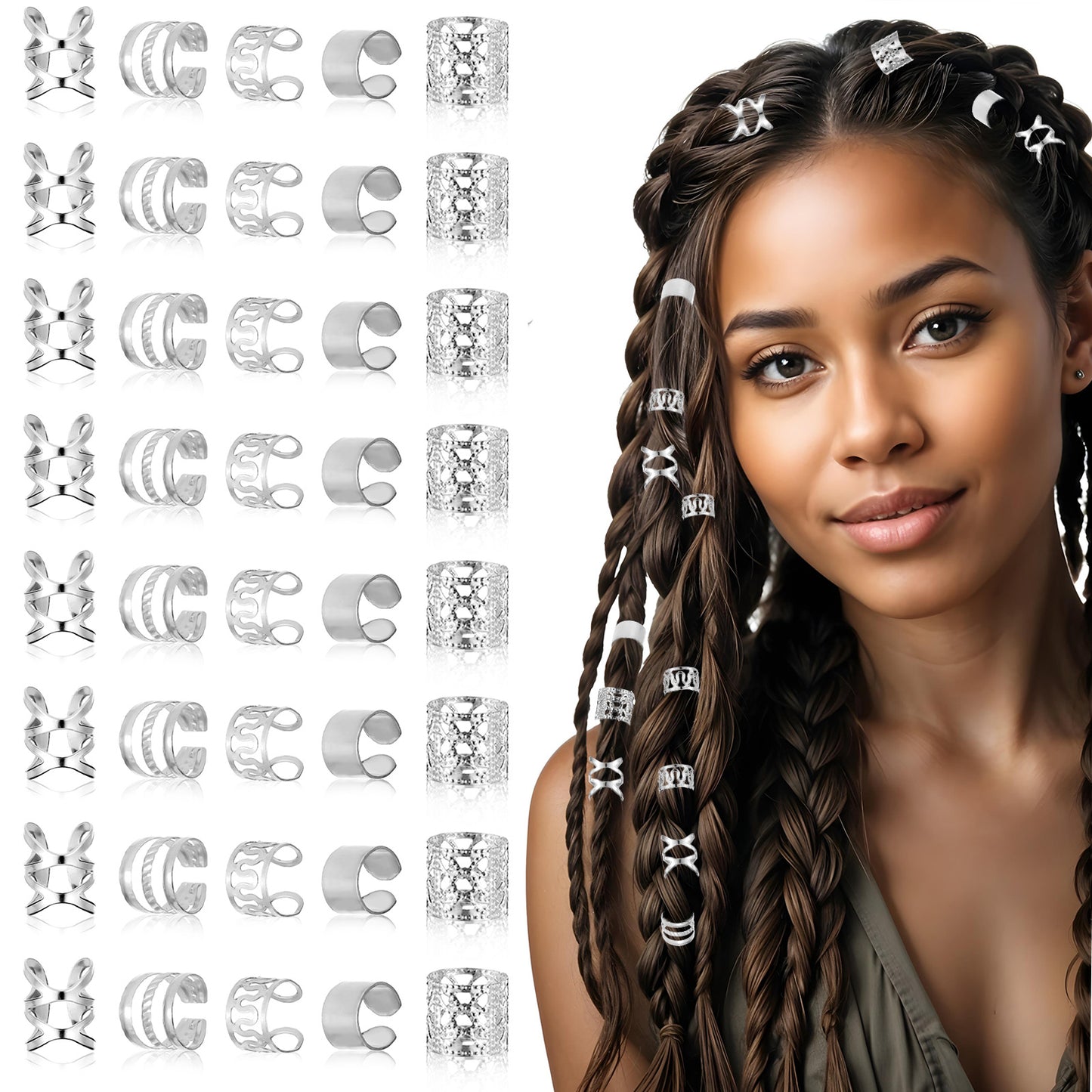 Ouligay 40pcs Silver Hair Cuffs Charms Rings for Braids Hair Jewellery