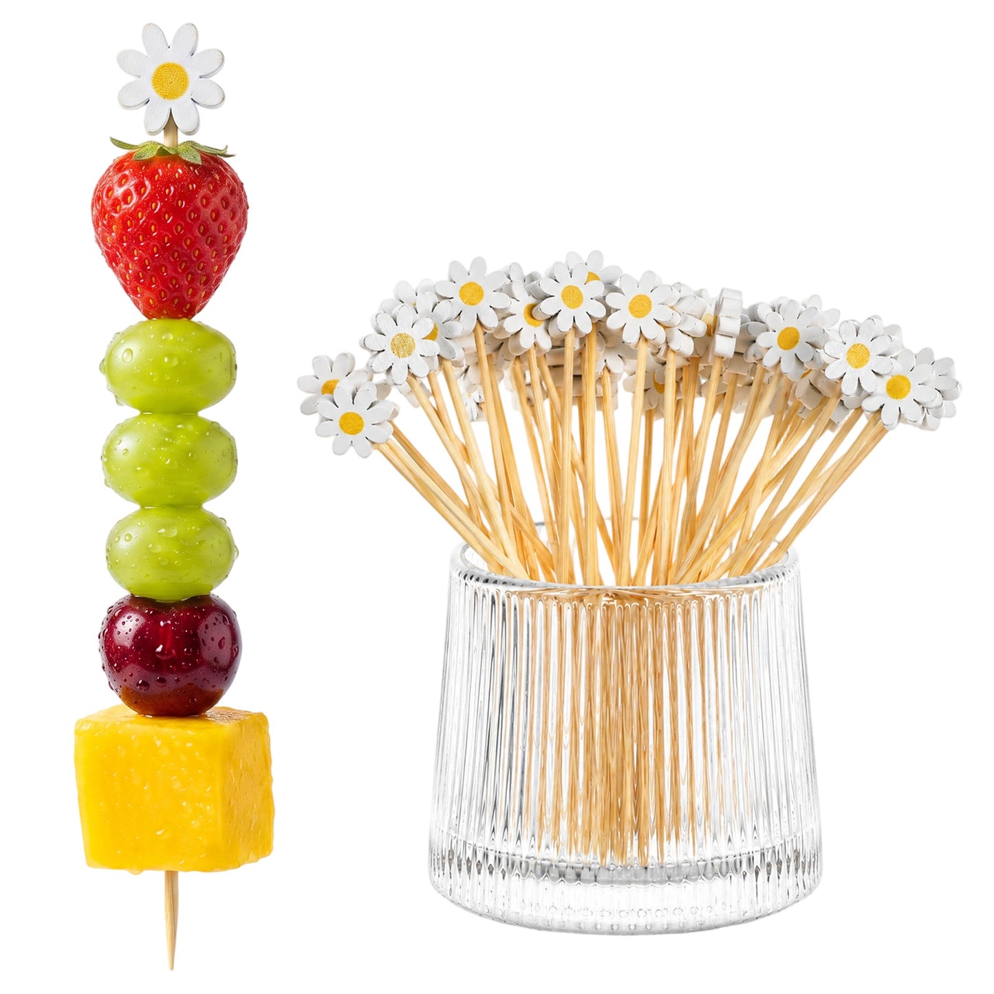 50Pcs Daisy Cocktail Picks 12cm Flower Cocktail Toothpicks Bamboo Daisy Fruit Skewers Decorative Toothpicks Food Sticks for Sandwich Drinks Floral Party Decorations Charcuterie Accessories
