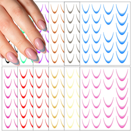 12 Pcs Gradient French Tip Nail Stickers Colorful Stripes Line Transfer Decals Curved Lines Art Designs, Self-Adhesive Nail Tips Guides, Fashion Accessories for DIY