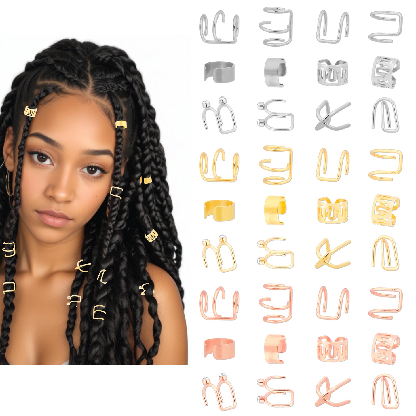 Tyqour 36pcs Gold Hair Jewelry for Braids Accessories Hair Gold Silver Cuffs Adjustable Hair Rings for Braids Hair Charms for Braids for Women Men Hair Accessories Styling Tools