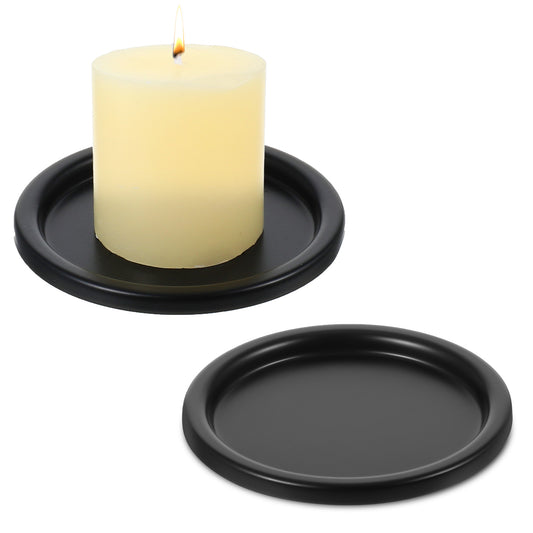 2 Pcs Candle Plate, Black Iron Decorative Candle Holder for LED & Wax Candles, Metal Plate Candles Stand, Decorative Iron Pillar Plates, 3.9 Inch Diameter, Perfect for Weddings, Spa