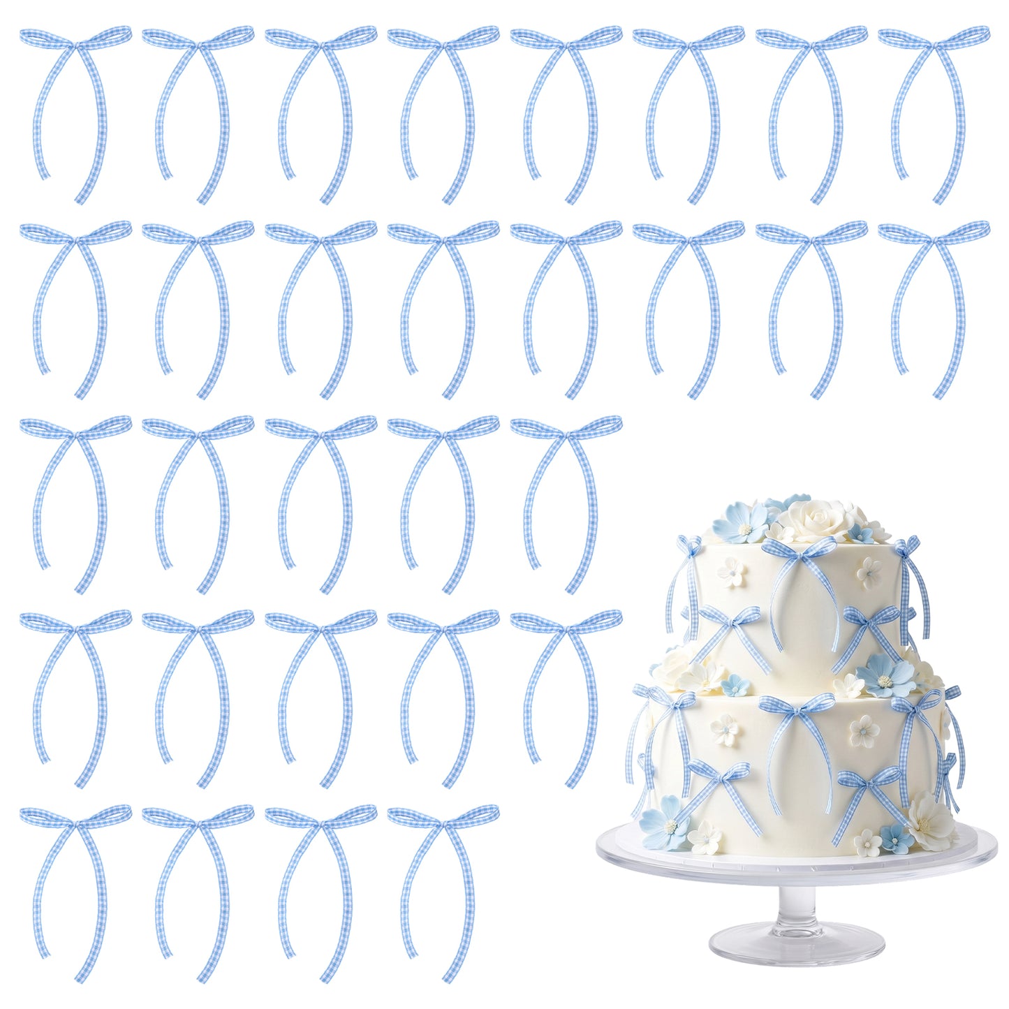 RAHHLIZS 30 Pcs Bow Cake Toppers, Blue Bow Ribbons for Cake Decorations