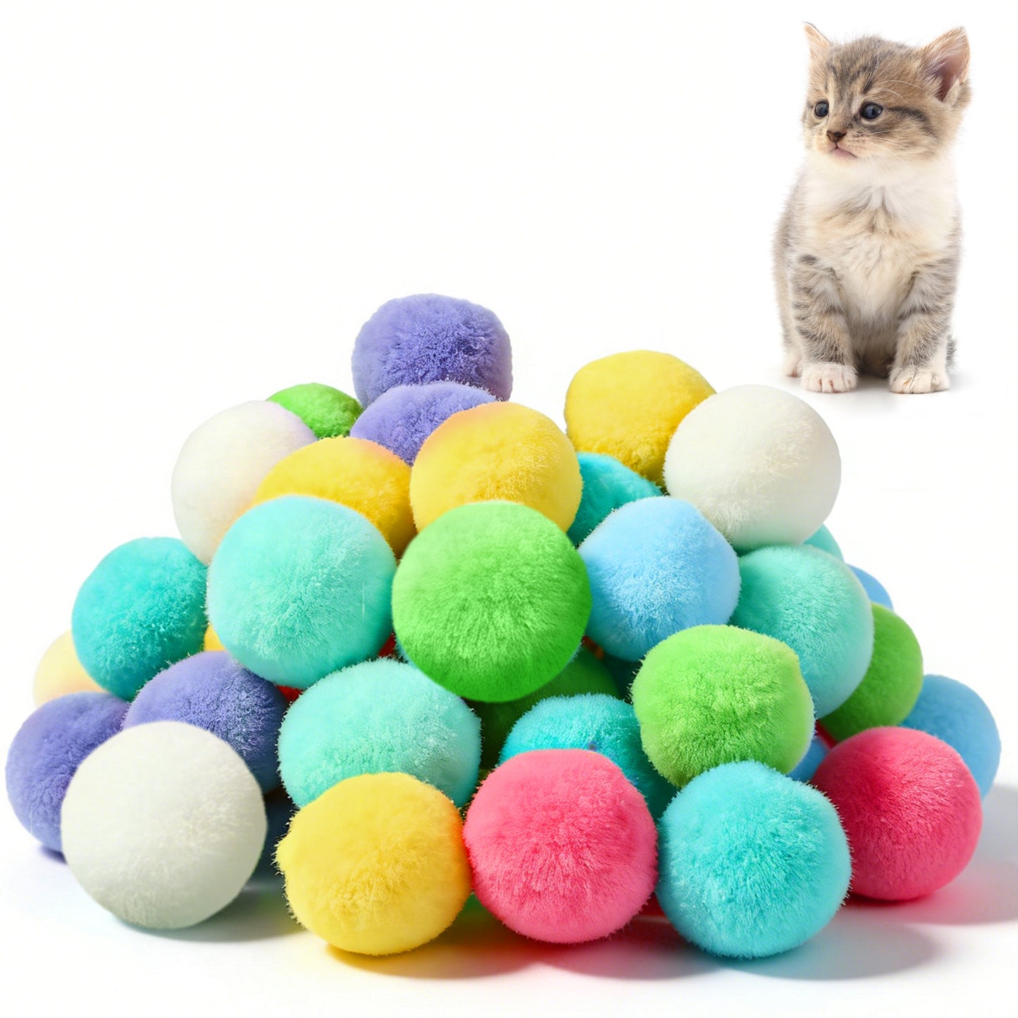 40 Pcs Cat Pom Pom Balls Cat Toy Ball Soft Fuzzy Balls Funny Interactive Cats Toys for Bored Indoor Adult Cats, Cute Kitten Kitty Toys No Bells Quiet Interactive Toy Safe for Batting Chasing, 3cm