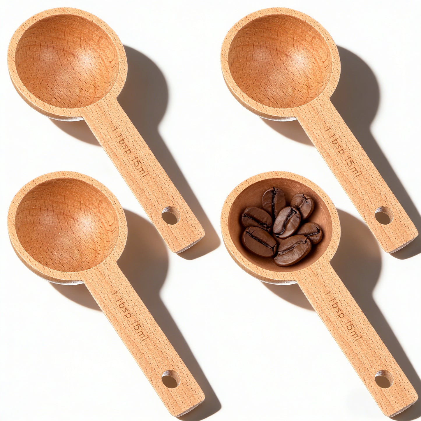 Wooden Coffee Scoop Set 4 Pack Beech Wood Tablespoon Measuring Spoons 15ml 1 Tablespoon Home Kitchen Accessories for Coffee Beans, Ground Coffee, Tea, Spices, Protein Powder, and Bath Salt