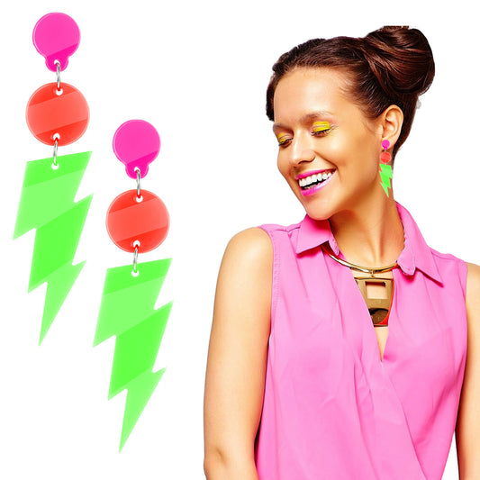 Tyqour 1 pair of 80s 90s stud earrings, retro acrylic earrings, neon earrings, vintage earrings for theme party, costume party, masquerade, woman, girl