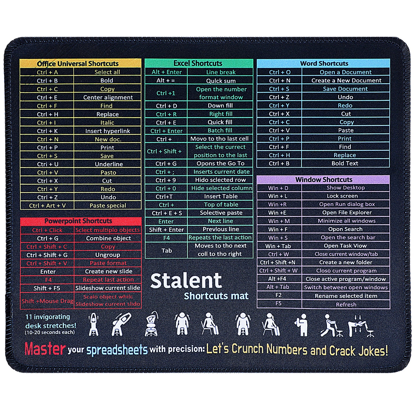 Excel Cheat Sheet Desk Pad Office Decor Excel Mouse Pad Computer Office Shortcuts Mousepad Excel Word Ppt Shortcut Cheat Sheet Mat Non-Slip Stitched Edges Large Extended Gaming Desk Mat For Computer
