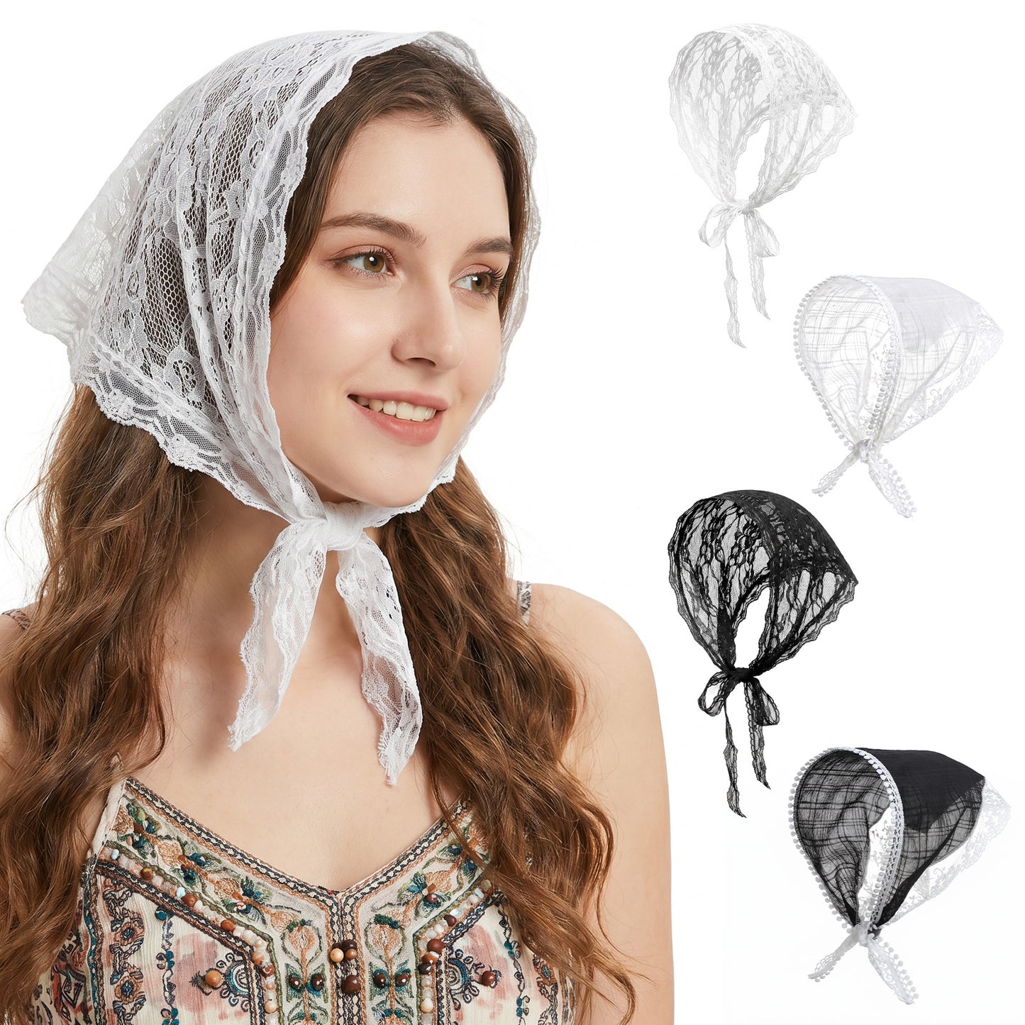 Tyqour 4 Pack Lace Triangle Head Scarf for Women, White Hair Scarf Bandana Headband Lace Bandana for Wedding Bridal Headband Kerchief Spring Summer Hair Accessories