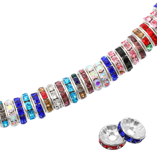 300 Pcs Large Hole Rhinestone Spacer Beads 10MM Rondelle Spacer Beads Silver Czech Crystal Rhinestone for DIY Jewelry Making Charms Bracelet Women Festival Gifts Mixed Color 0.39 × 0.14 Inches Iron