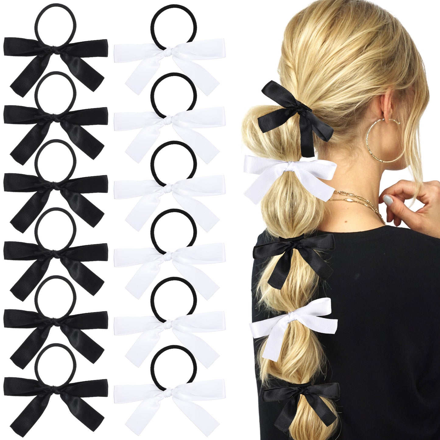 12PCS Hair Ties with Bows, Silky Satin Ribbon Bow Hair Tie with Tail, Cute Black & White Bowknot Ribbon Ponytail Holders Elastics No Damage Hairs Bands Hairs Barrettes for Women Girls Accessories