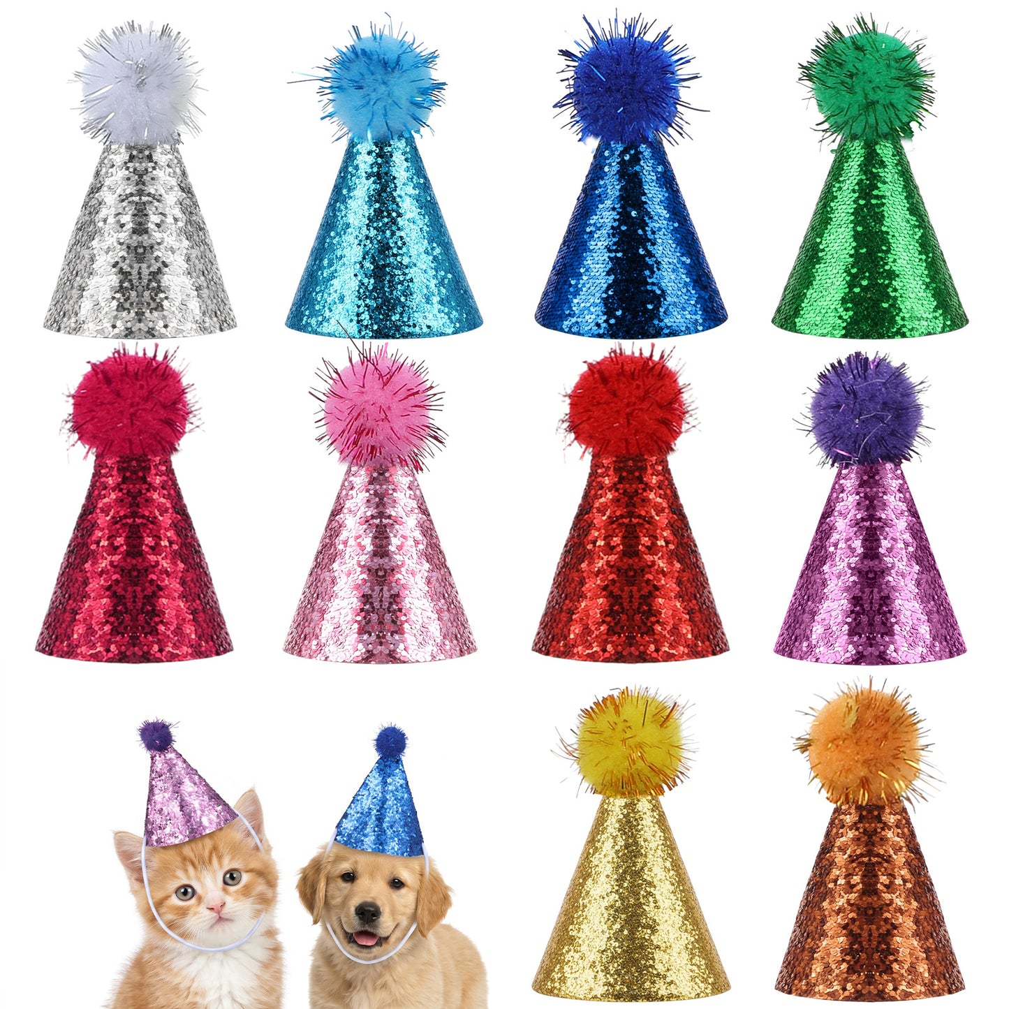 Matwsec 10 Pack Mini Birthday Hats for Small Dog & Cat, Mini Dog Party Hats, Small Party Hats for Stuffed Animals, Adjustable Tiny Pet Hats with Sequins for Birthday, Holiday & Costume Events