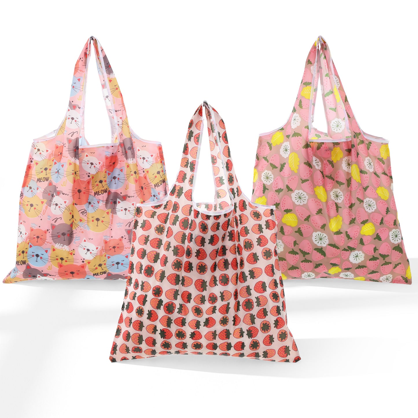 Ouligay 3 PCS Reusable Shopping Bags Kitchen Reusable Grocery Bags Foldable Shopping Bag for Groceries Washable Polyester Large Tote Bag for Women Supermarket (Cat, 2 Strawberries)