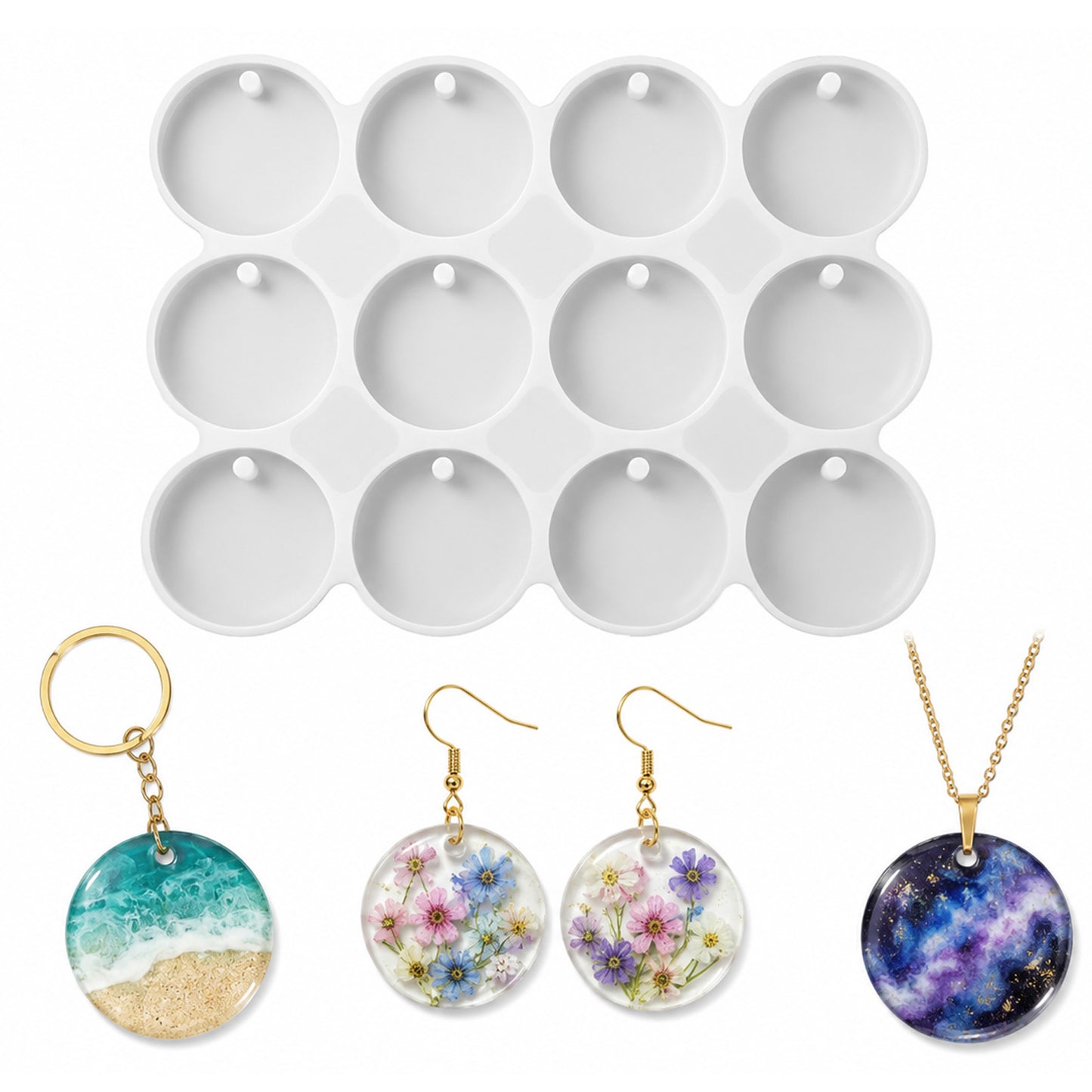 Ouligay 12 Cavity Resin Keychain Mold 1.29'' Circle Silicone Mold with Hole