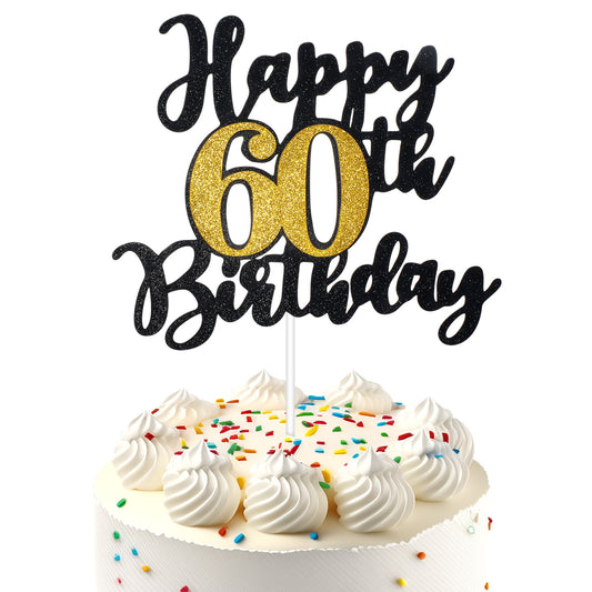 1 PCS Happy 60th Birthday Cake Topper, Black Gold Glitter Cheers to 60 Years Birthday Party Cake Pick Decoration for Happy 60th Anniversary Party Decorations Supplies