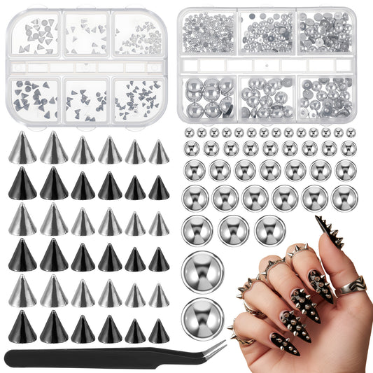 12 Grids Halloween Goth Nail Charms 3D Mini Metal Gothic Nail Art Studs Kit, Mixed Sizes Silver Black Cone Spikes Alloy Rivets Jewelry Steel Balls Jewels for Women DIY Crafts Manicures Decoration