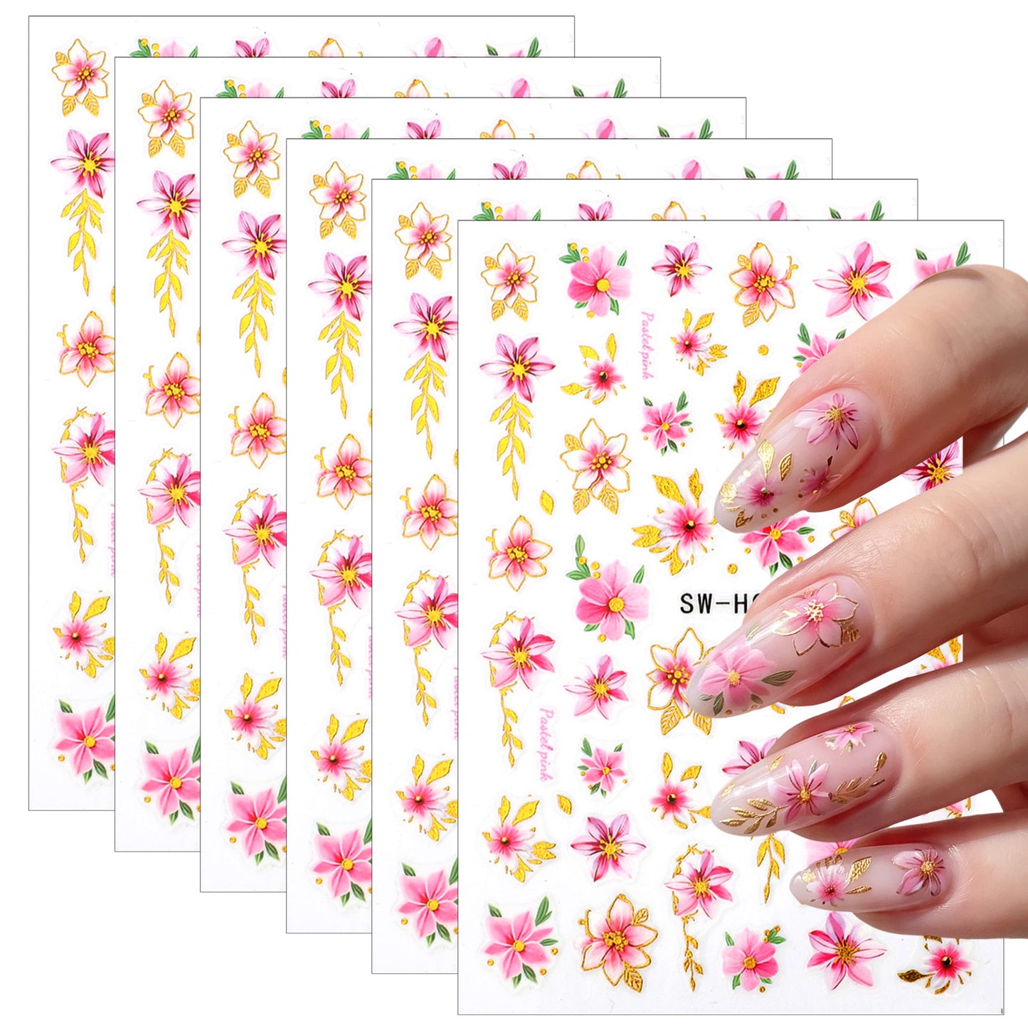 Mabor 6Sheets Flower Nail Art Stickers PVC Self Adhesive Decals Set