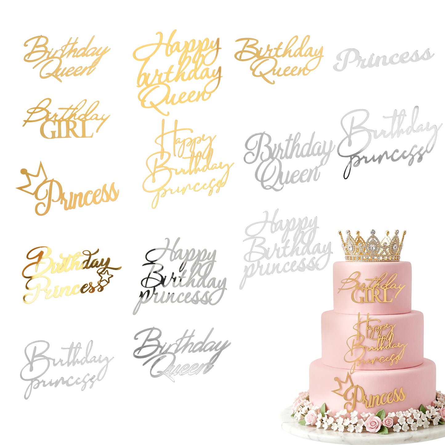 Nogeqi 14PCS Gold Happy Birthday Cake Topper, Mirror Acrylic Happy Birthday Cake Decorations Sign for Cakes Side Inserts Decor Party Supplies