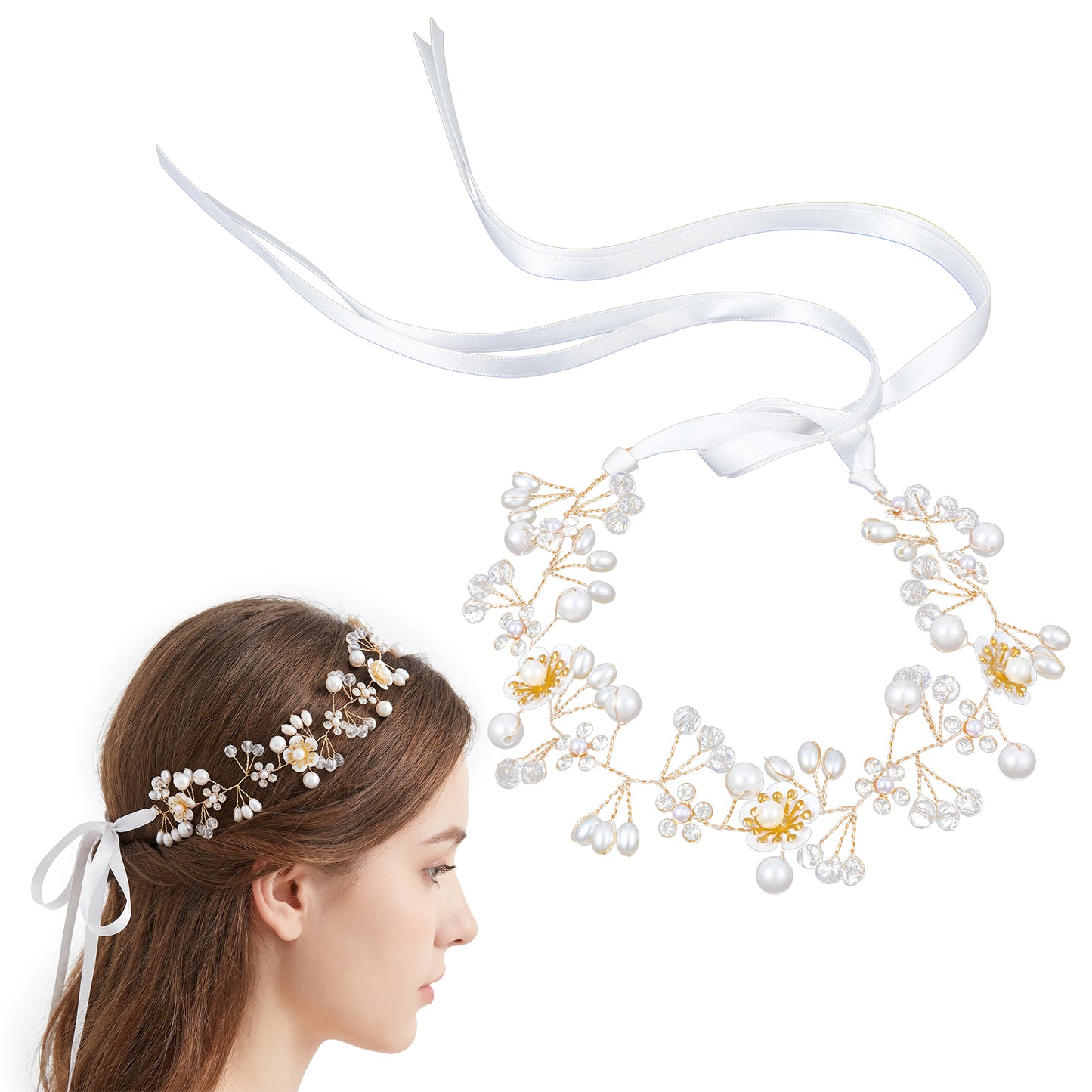 Xinjoduz Flower Crown Girl Headband, Princess Crystal Flower Girl Hair Accessories, Rhinestone Pearl Headband Headpiece Hair Accessories, Suitable for Toddler Girls and Dress Bride Wedding (Gold)