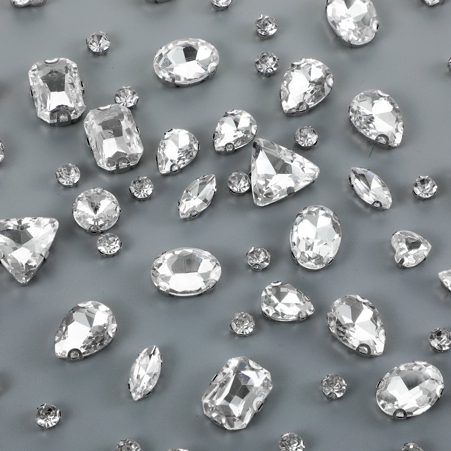 130PCS Sew on Rhinestones for Crafting, Mixed Shapes Crystal Glass Gems with Mental Flatback Claw Embellishments, Bedazzling Rhinestones for Jewelry Making Costumes Clothes Shoes Garment Sewing, White