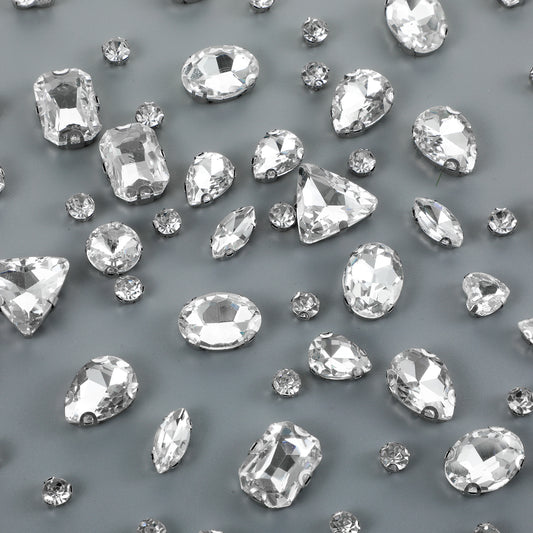 130PCS Sew on Rhinestones for Crafting, Mixed Shapes Crystal Glass Gems with Mental Flatback Claw Embellishments, Bedazzling Rhinestones for Jewelry Making Costumes Clothes Shoes Garment Sewing, White