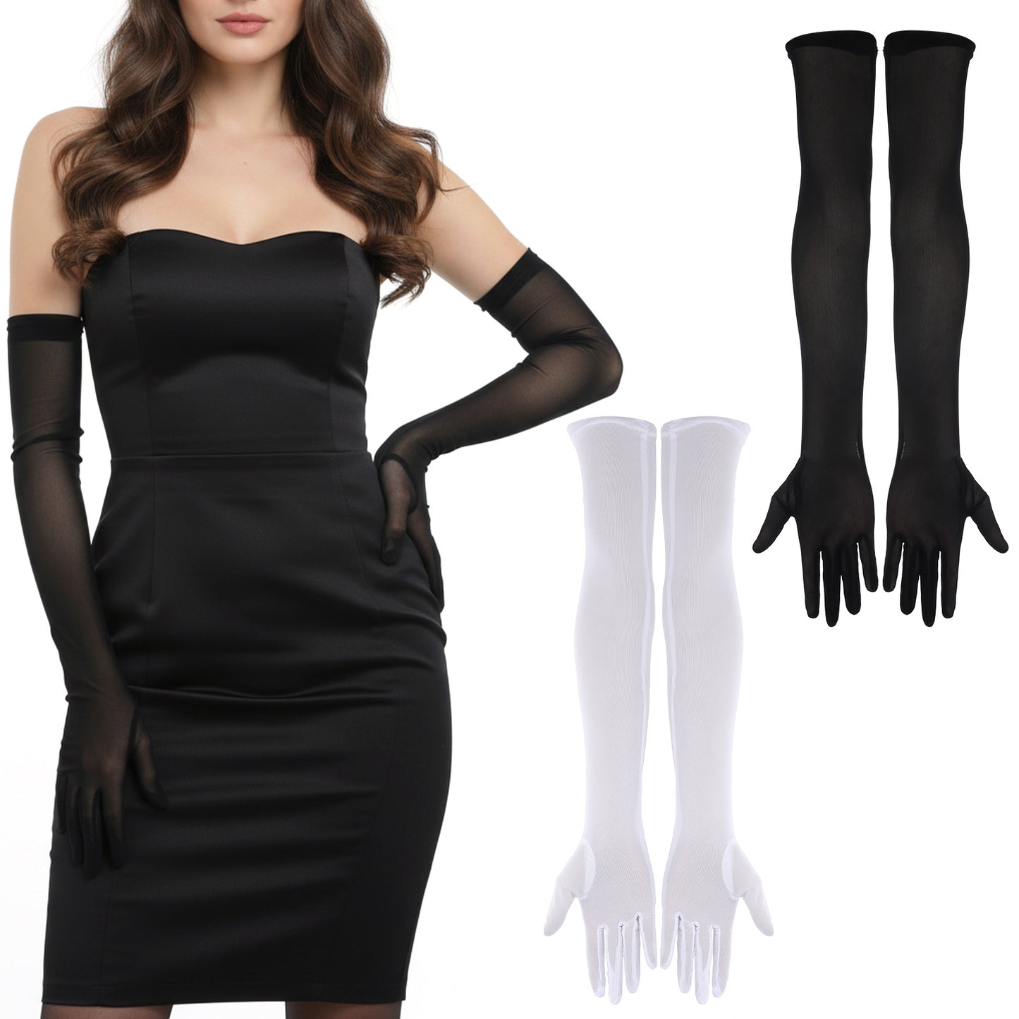Matwsec 2pairs Long Black Sheer Gloves for Women Formal, Black Long Gloves Glove Tulle Glove 1920s Accessories Opera Tea Party Dance Accessory Flapper for Women Bridal Wedding (21.65 Inch)