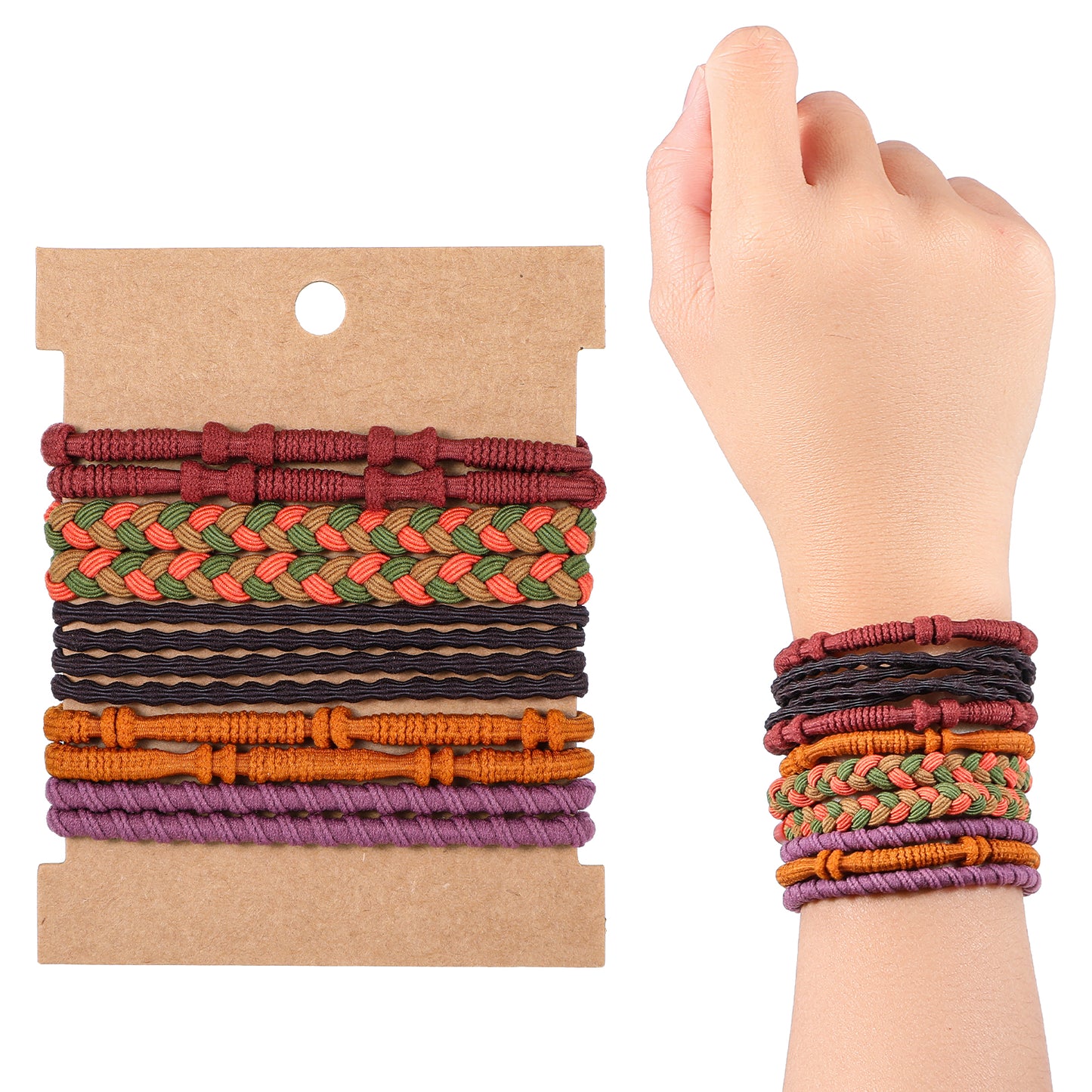 Xinjoduz 10 PCS Hair Tie Bracelets, 5 Styles Boho Hair Ties, Ponytail Holder, Cute Hair Ties for Women Daily Life, Sport, Cooking, Working(Purple, Yellow-Brown, Colorful, Brown, Coffee)