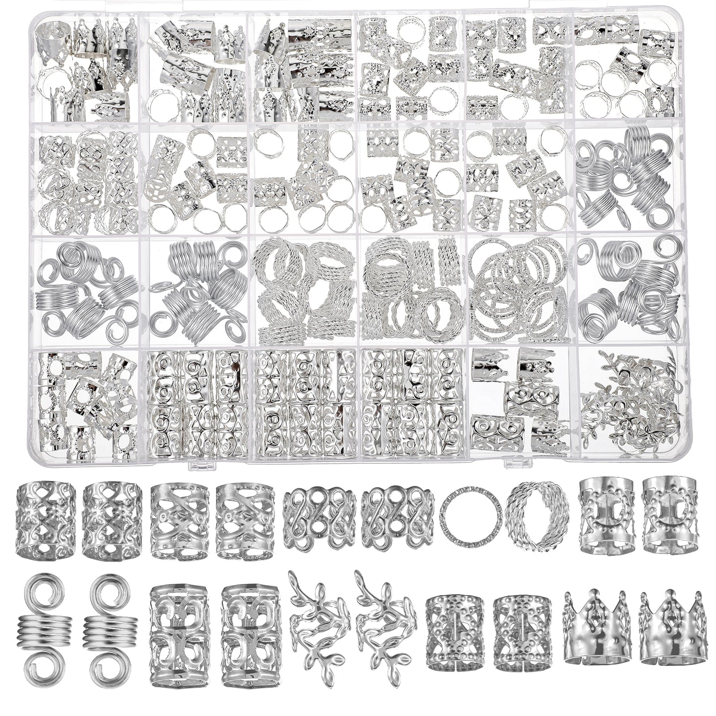 220Pcs Silver Hair Jewelry for Braids and Dreadlocks, Metal Hair Clips Rings, Cuffs and Accessories, Loc Jewels Charms Braid Decorations for Women
