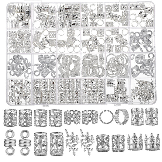 220Pcs Silver Hair Jewelry for Braids and Dreadlocks, Metal Hair Clips Rings, Cuffs and Accessories, Loc Jewels Charms Braid Decorations for Women