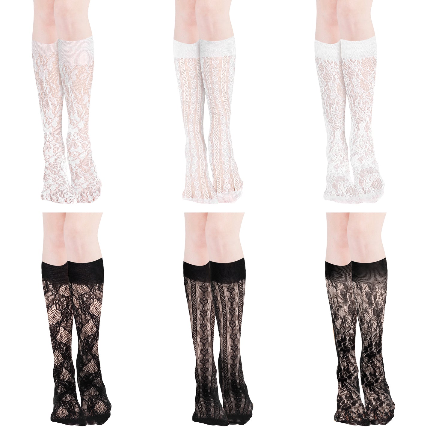 Tyqour 6 Pairs Women's Lace Socks Lace Knee High Socks Mesh Lace Loose Socks Nylon Lace Ankle Socks Knee High Stockings for Women Girls Dress(Black,White)