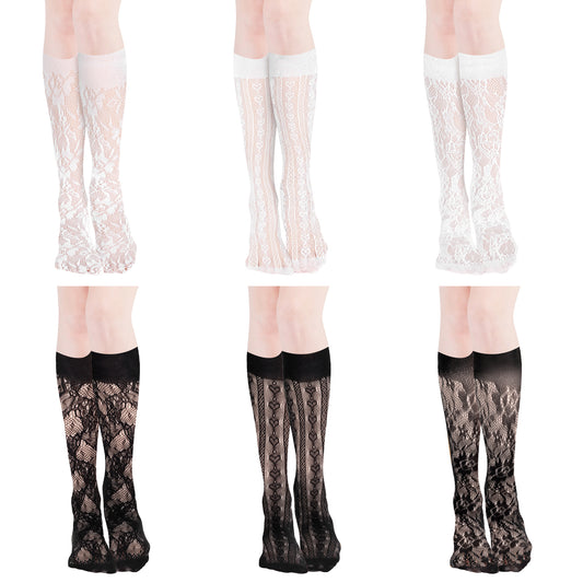 Tyqour 6 Pairs Women's Lace Socks Lace Knee High Socks Mesh Lace Loose Socks Nylon Lace Ankle Socks Knee High Stockings for Women Girls Dress(Black,White)