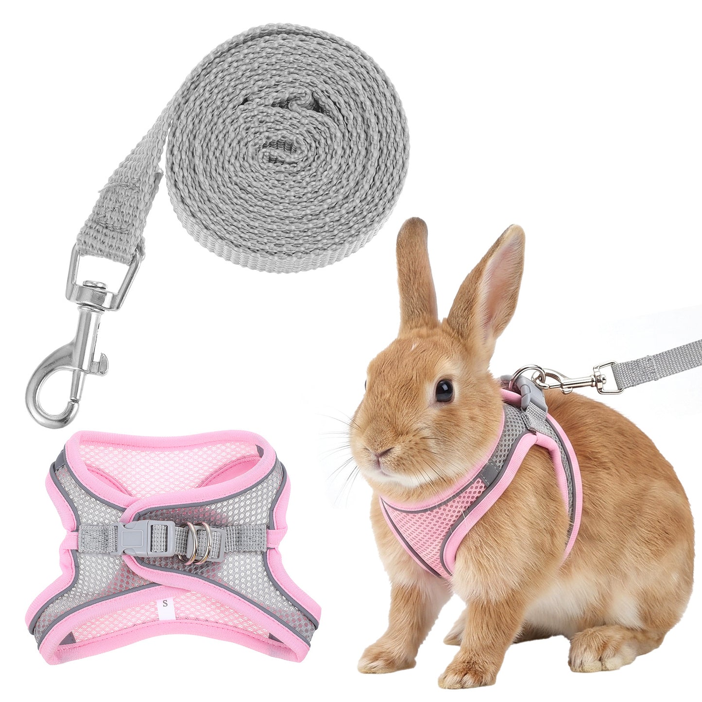 RAHHLIZS Adjustable Rabbit Harness and Leash Set, Cute Bunny Leash Breathable Mesh Vest,Bunny Harness and Leash for Bunny Kitten Puppy, Pink Gray Small Pet Walking Accessories