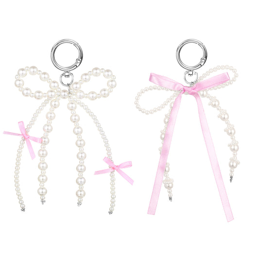 2 Pcs Pearl Bow Keychain Pink Bow Bag Charms for Women Cute Bowknot Beaded Keyring Charms Aesthetic Pink Pearl Chain Bows Keychains Y2k Pearls Bowknot Keyring Purse Decorative Accessories Women