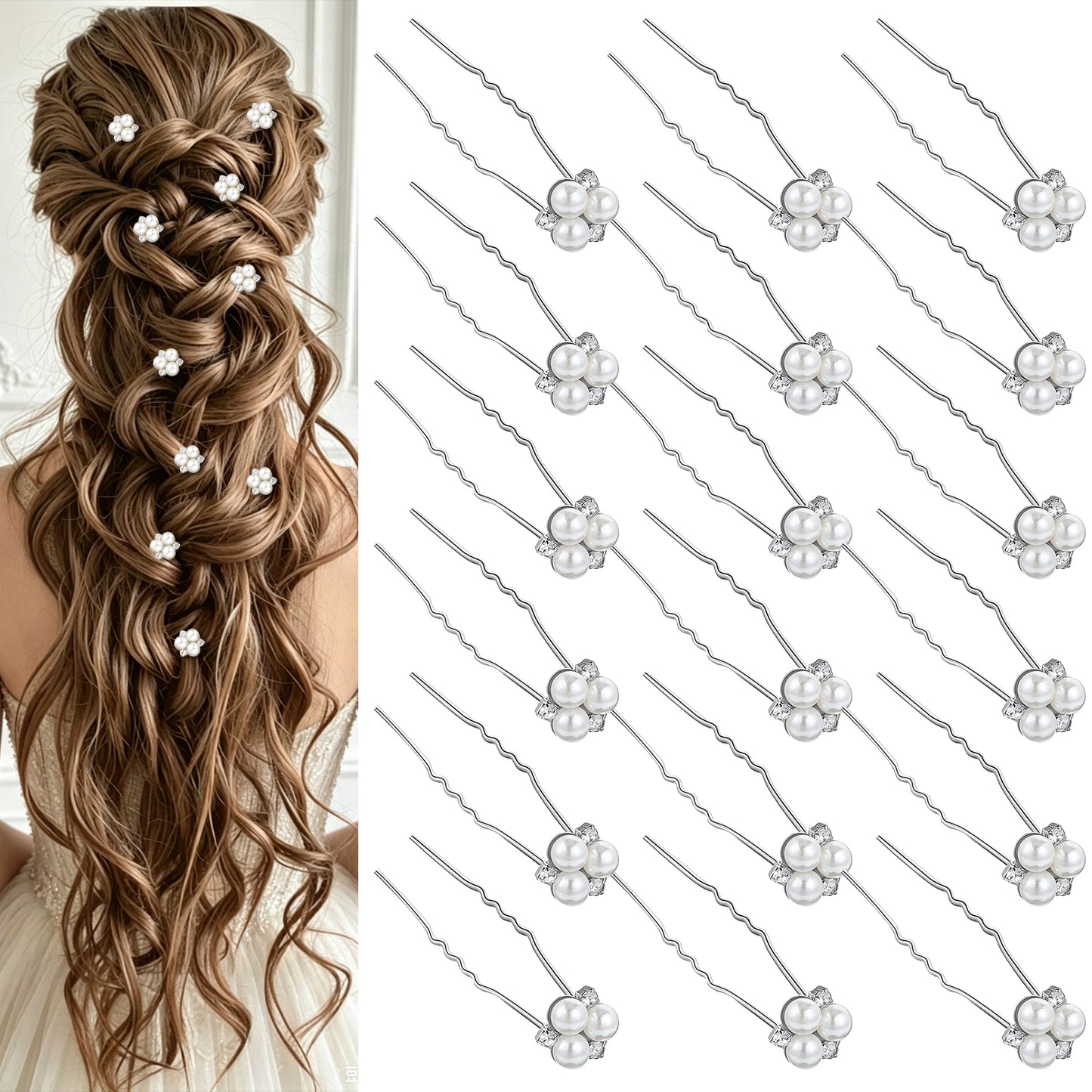 RAHHLIZS 18 PCS Pearl Hair Pins, Wedding Handmade Pearl Hair Accessories Rhinestone Bobby Clips for Brides Bridesmaids Flower Women Girls (Silver)