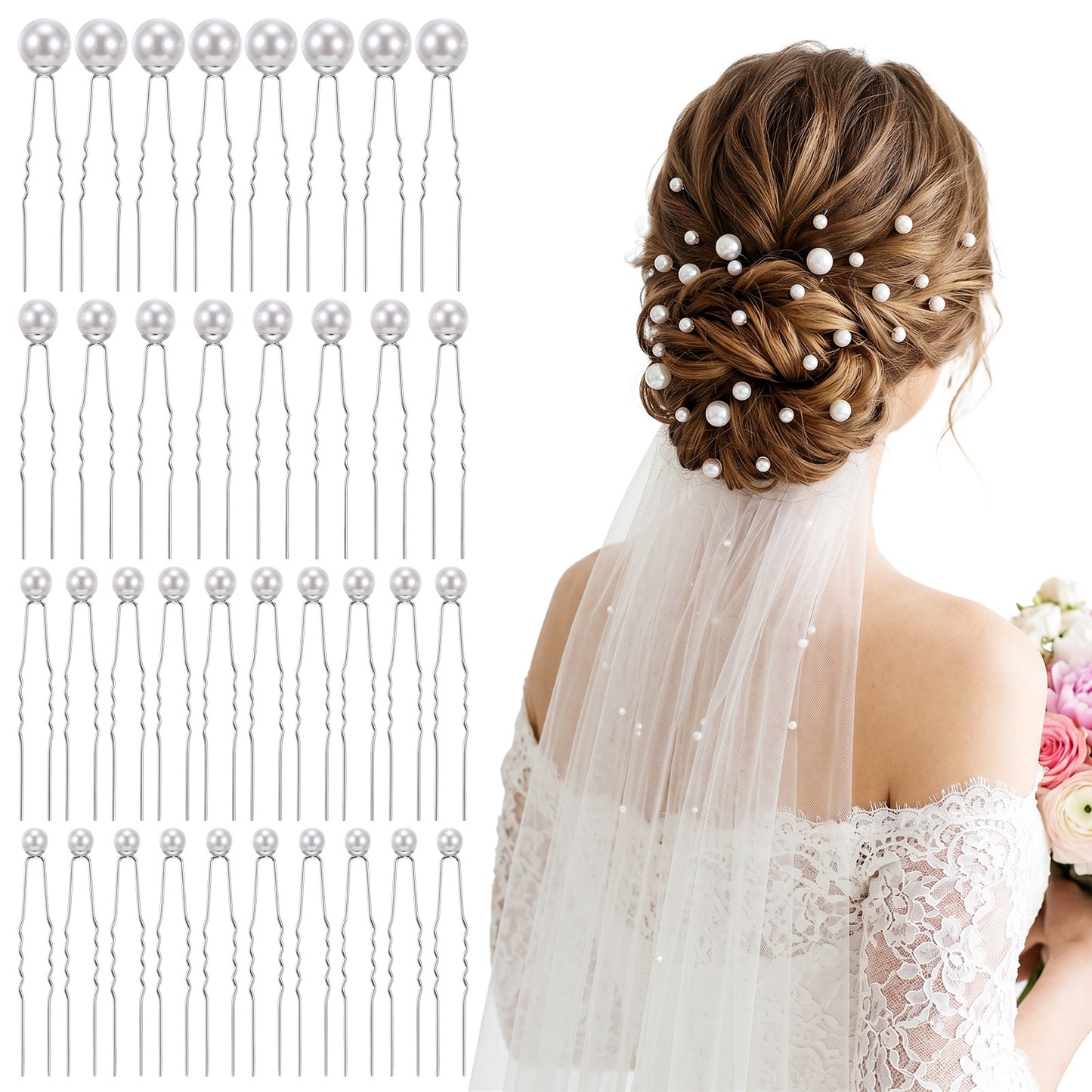 36 Pcs 5 Sizes Pearl Hair Pins Bridal Wedding White Pearl Hair Accessories U Shape Bridal Clips Decorative for Brides Bridesmaid Women Hairstyles Decor Updos Prom Wedding Silver
