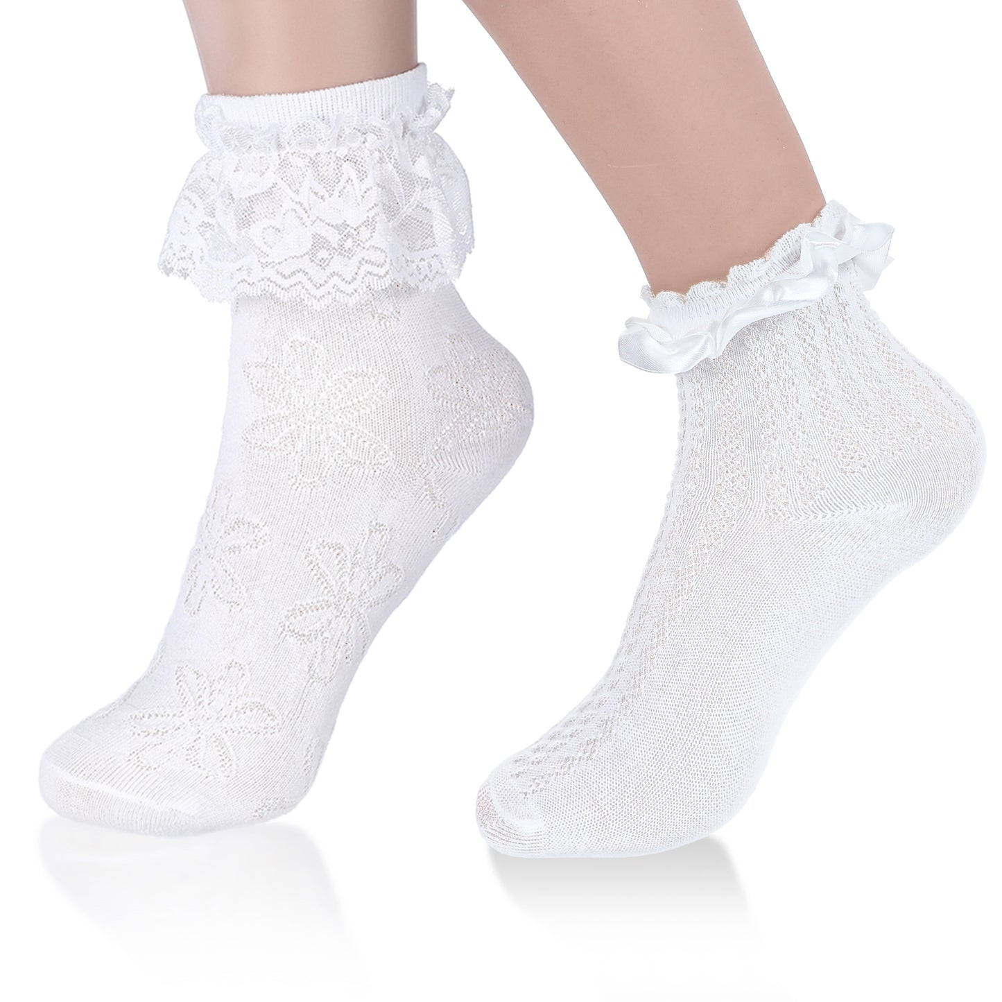 2 Pairs White Ruffle Socks for Women Turn-Cuff Lace Frilly Ankle Comfortable Cotton Princess Socks