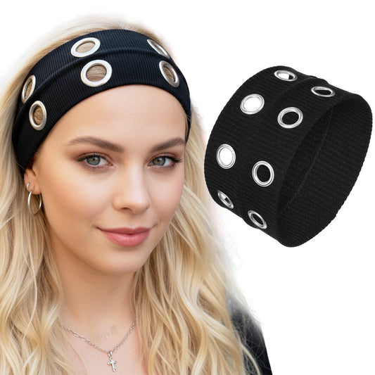 1 PCS Grommet Headband, Women Hollow Out Eyelets Elastic Headband with Holes, Y2K Punk Goth Grunge Accessories Fashion Wide Headbands Stretchy Casual Hair Bands for Girls Women (Black, 9.4×3.5 Inch)